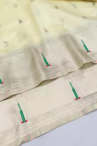 Cream zari woven paithani organza silk blend saree with blouse piece