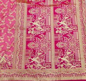 Pink zari woven silk blend saree with blouse piece 5