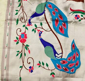 Cream zari woven paithani organza silk blend saree with blouse piece 5