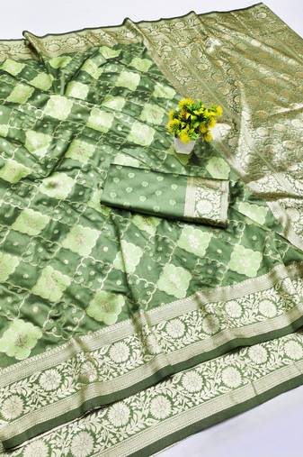 Pista zari woven silk blend saree with blouse piece