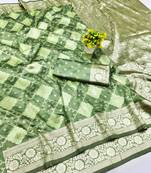 Pista zari woven banarasi silk blend saree with blouse piece