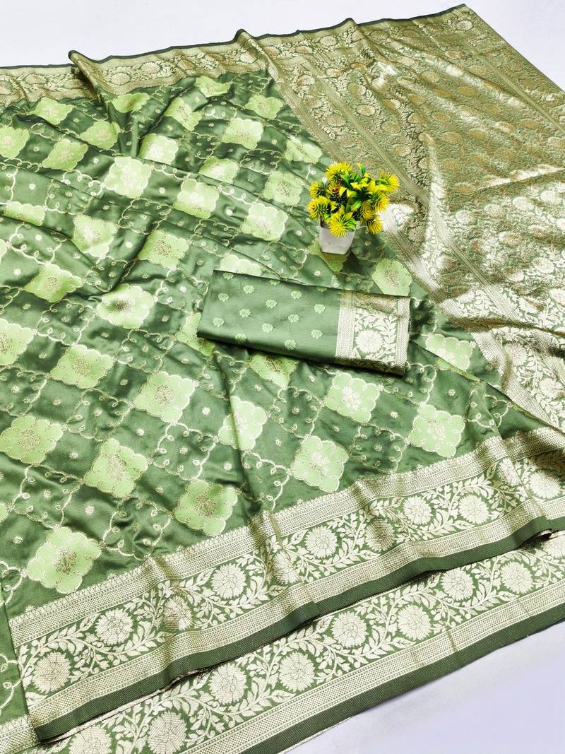 Pista zari woven banarasi silk blend saree with blouse piece