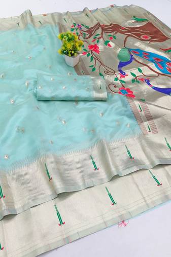 Blue zari woven paithani organza silk blend saree with blouse piece