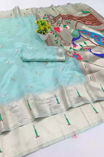 Blue zari woven paithani organza silk blend saree with blouse piece