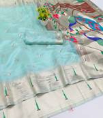 Blue zari woven paithani organza silk blend traditional saree with blouse piece