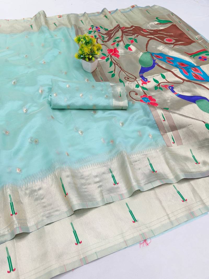 Blue zari woven paithani organza silk blend traditional saree with blouse piece