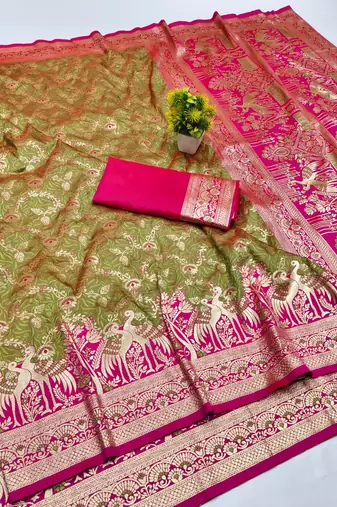 Mehendi zari woven banarasi silk blend saree with blouse piece