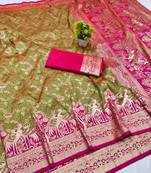 Mehendi zari woven banarasi silk blend saree with blouse piece
