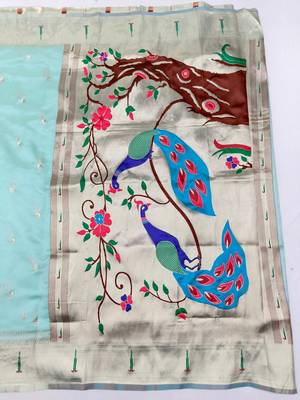 Blue zari woven paithani organza silk blend saree with blouse piece 2