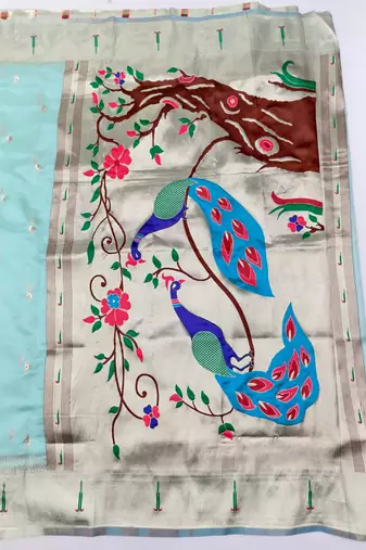 Blue zari woven paithani organza silk blend saree with blouse piece