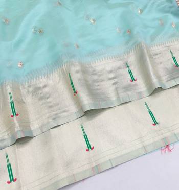 Blue zari woven paithani organza silk blend saree with blouse piece 3