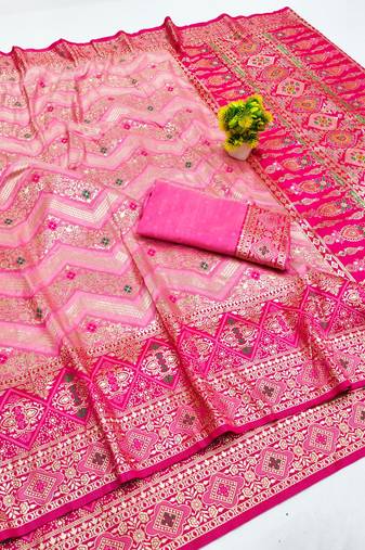 Pink zari woven banarasi silk blend saree with blouse piece