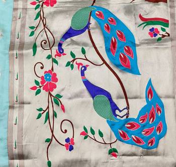 Blue zari woven paithani organza silk blend saree with blouse piece 5