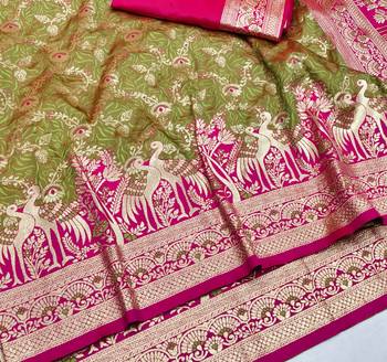 Mehendi zari woven silk blend saree with blouse piece 3