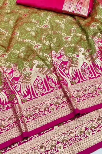 Mehendi zari woven silk blend saree with blouse piece