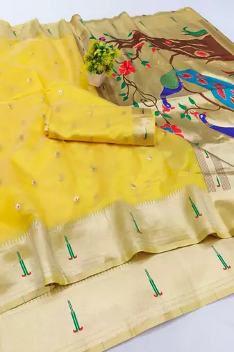 Gold zari woven paithani organza silk blend saree with blouse piece