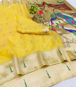 Gold zari woven paithani organza silk blend traditional saree with blouse piece
