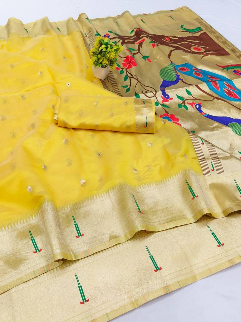Gold zari woven paithani organza silk blend traditional saree with blouse piece