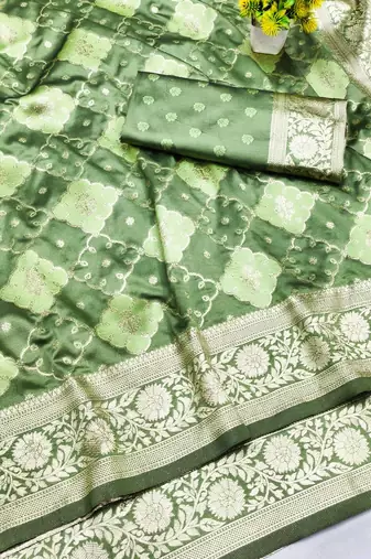 Pista zari woven silk blend saree with blouse piece