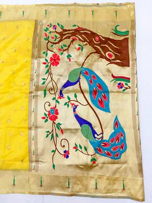Gold zari woven paithani organza silk blend saree with blouse piece 2