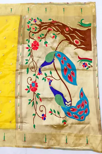 Gold zari woven paithani organza silk blend saree with blouse piece