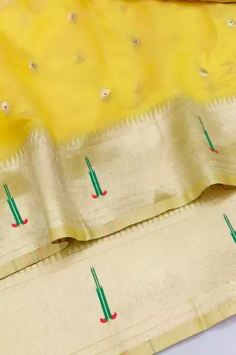 Gold zari woven paithani organza silk blend saree with blouse piece