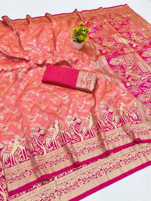 Peach zari woven silk blend saree with blouse piece 1