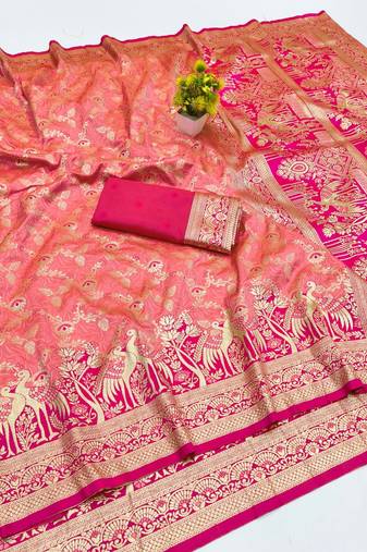Peach zari woven silk blend saree with blouse piece
