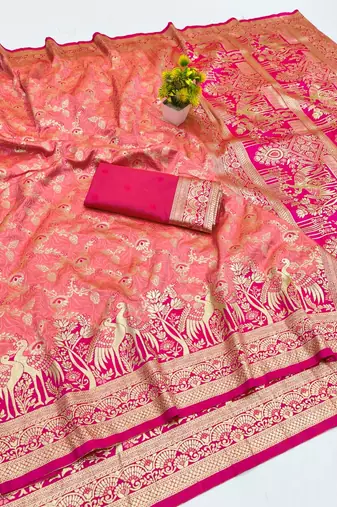 Peach zari woven banarasi silk blend saree with blouse piece