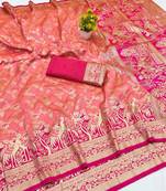Peach zari woven banarasi silk blend saree with blouse piece