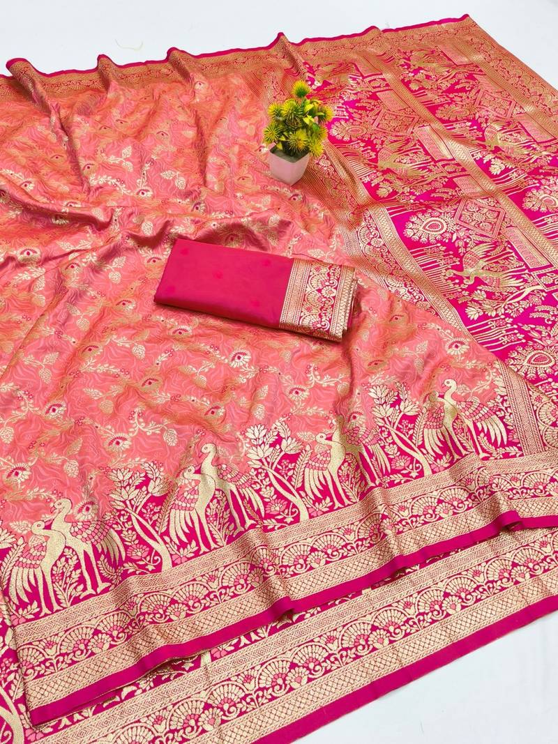 Peach zari woven banarasi silk blend saree with blouse piece