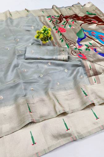Grey zari woven paithani organza silk blend saree with blouse piece