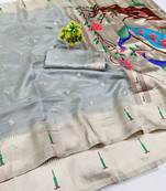 Grey zari woven paithani organza silk blend traditional saree with blouse piece