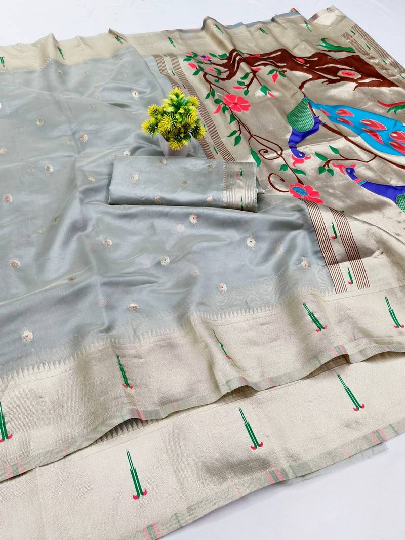 Grey zari woven paithani organza silk blend traditional saree with blouse piece