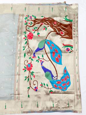 Grey zari woven paithani organza silk blend saree with blouse piece 2