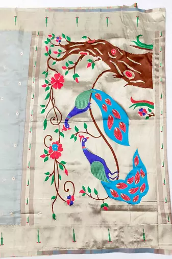 Grey zari woven paithani organza silk blend saree with blouse piece