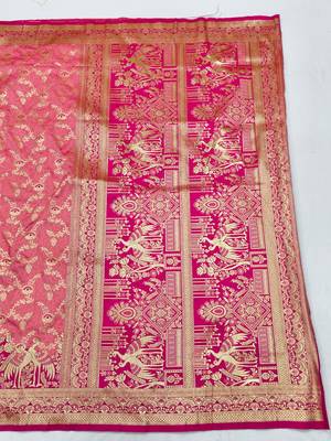 Peach zari woven silk blend saree with blouse piece 2