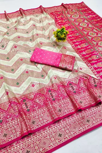 Cream zari woven banarasi silk blend saree with blouse piece