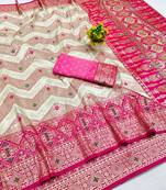 Cream zari woven banarasi silk blend saree with blouse piece