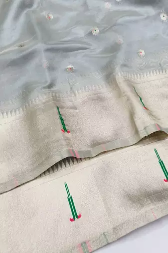 Grey zari woven paithani organza silk blend saree with blouse piece