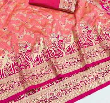 Peach zari woven silk blend saree with blouse piece 3