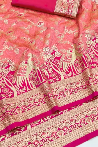 Peach zari woven silk blend saree with blouse piece