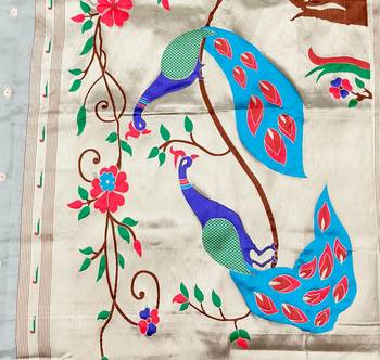 Grey zari woven paithani organza silk blend saree with blouse piece 5