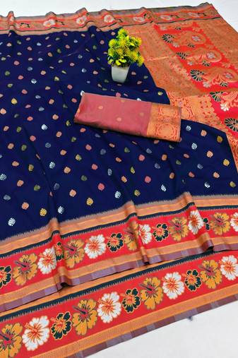 Dark blue zari woven banarasi silk blend saree with blouse piece