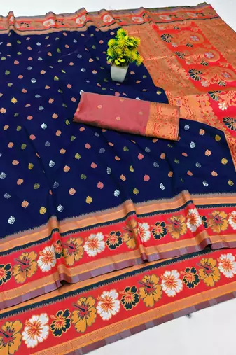 Dark blue zari woven banarasi silk blend saree with blouse piece