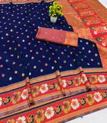 Dark blue zari woven banarasi silk blend traditional saree with blouse piece