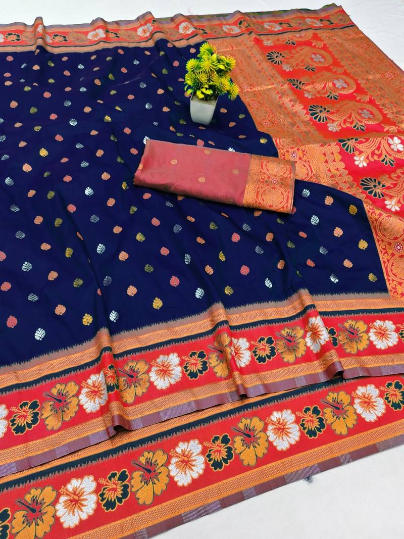 Dark blue zari woven banarasi silk blend traditional saree with blouse piece