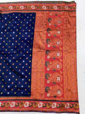 Dark blue zari woven silk blend saree with blouse piece 2