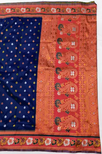 Dark blue zari woven silk blend saree with blouse piece