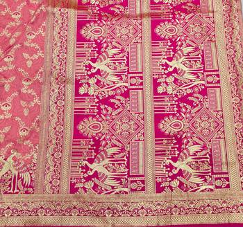 Peach zari woven silk blend saree with blouse piece 5